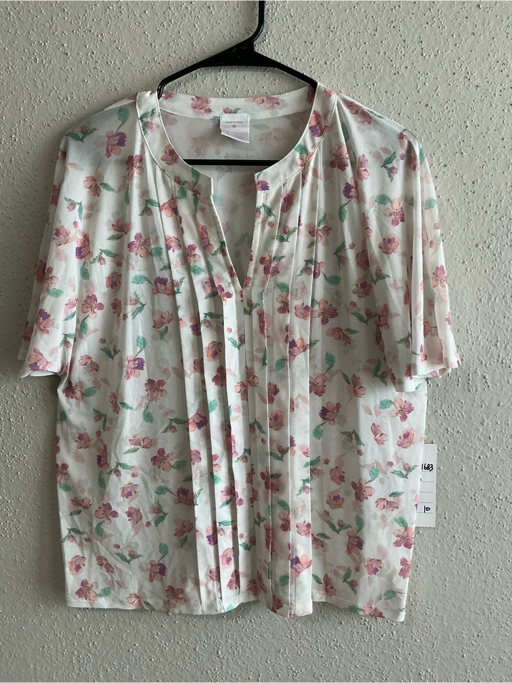 Floral Pleated Short-Sleeve Blouse - Pink/Green